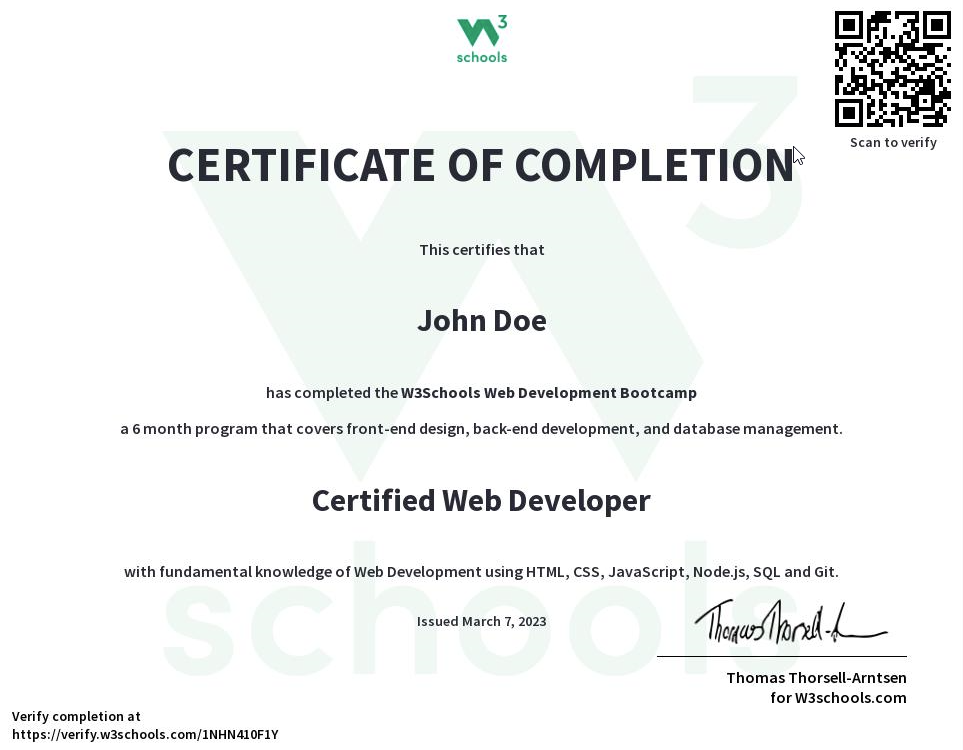 W3Schools Bootcamp Certificate of Completion