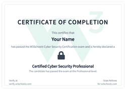 Example of the W3Schools Cyber Security certificate
