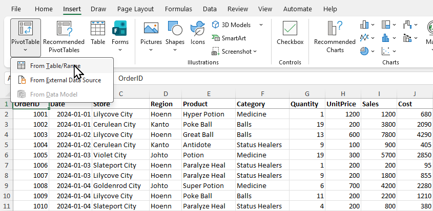 The Insert tab in Excel with the PivotTable menu open and From Table/Range highlighted