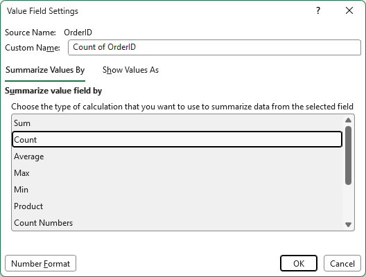 The Value Field Settings dialog for OrderID on the Summarize Values By tab, with Count selected and the Custom Name Count of OrderID