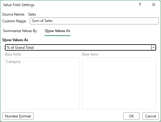 The Value Field Settings dialog on the Show Values As tab, with % of Grand Total selected