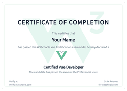 Example of the W3Schools Vue certificate